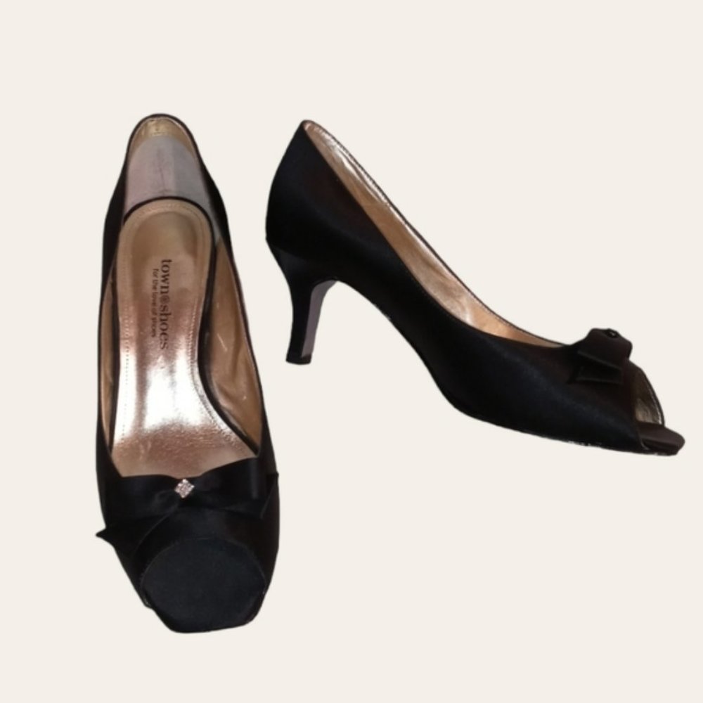 Town Shoes Black Satin Peep-Toe Low Heels
